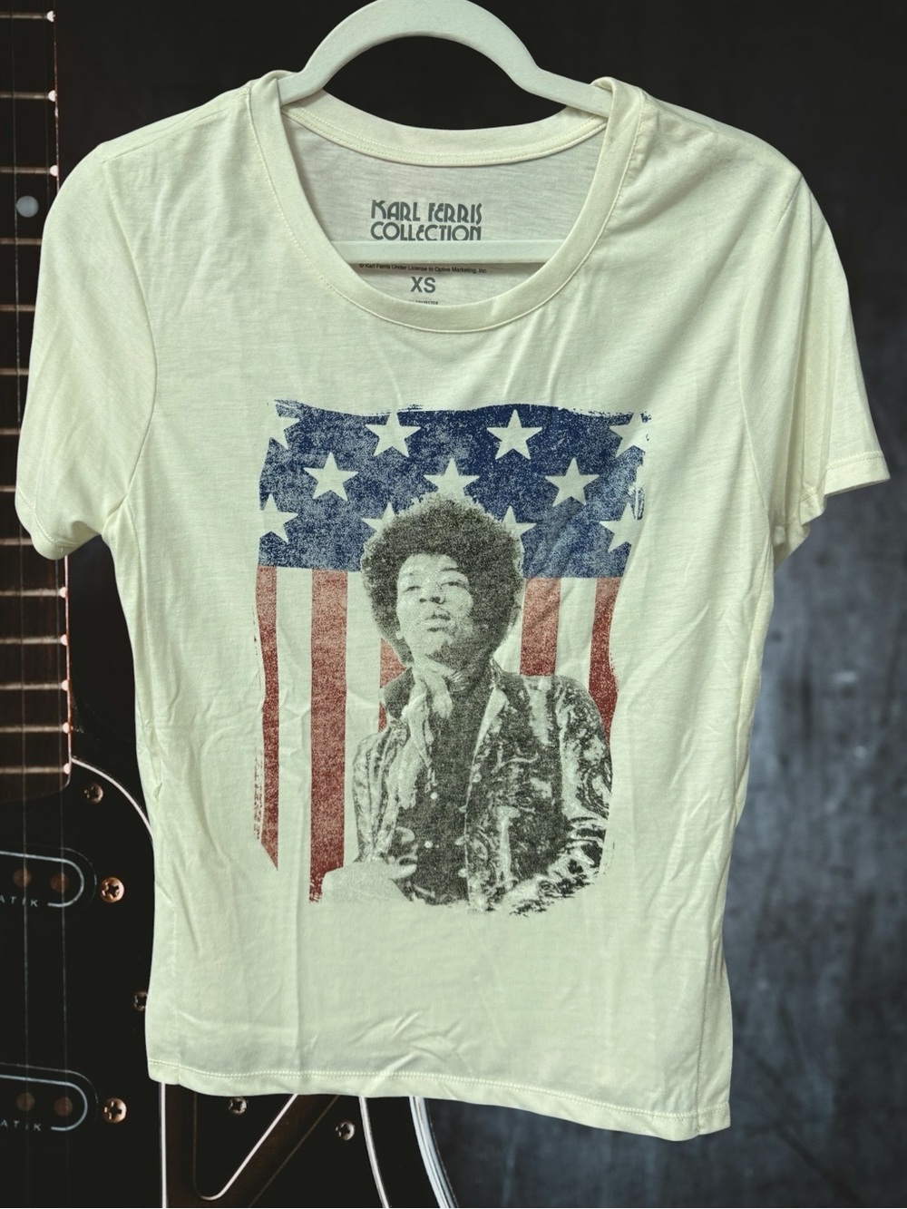 Karl Ferris Jimi Hendrix cap sleeve T-shirt women’s size XS ivory USA flag new